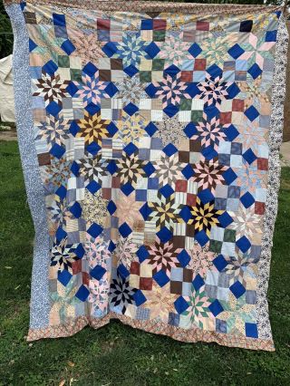 Vintage Hand Pieced Four Patch Star Pattern Quilt Top Some Feedsack Fabric 6