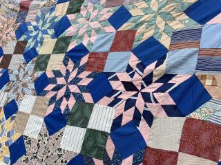 Vintage Hand Pieced Four Patch Star Pattern Quilt Top Some Feedsack Fabric 7
