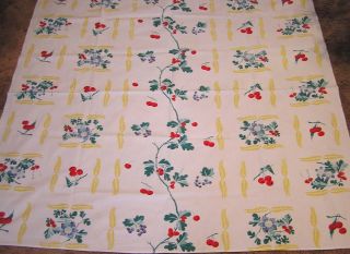 Vintage Wilendur Tablecloth Repeating Oak Leaves Cherries In Gold Wheat Frames