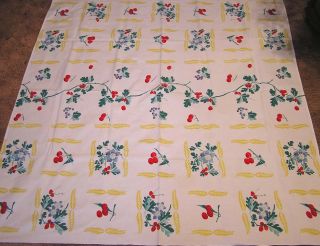 Vintage WILENDUR Tablecloth Repeating Oak Leaves Cherries in Gold Wheat Frames 3