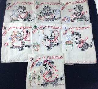 7 Vtg Days Of Week Good Luck Black Cat Kitten Tea Towels Hand Embroidered 19x36
