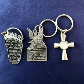 3 Metal Religious Keychains (footprints/lords Prayer/guardian Angel)