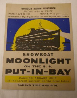 1949 Advertising Poster Mackenzie Alumni Asso Showboat Moonlight S.  S.  Put - In - Bay