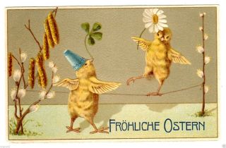 Postcard German Easter Chicks On Tightrope Embossed 1913