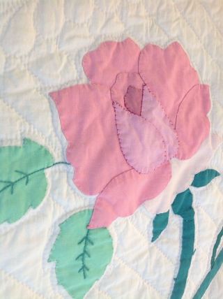 Vintage Red Pink Rose Applique Quilt 89 x 74 Handmade by Grandma Lovely Flowers 2