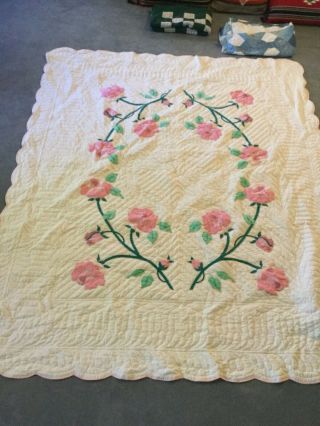 Vintage Red Pink Rose Applique Quilt 89 x 74 Handmade by Grandma Lovely Flowers 5