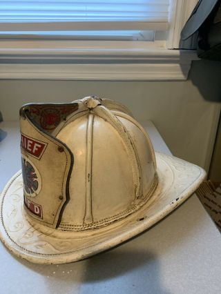 1955 - 56 Cairns & Brother White Leather 5A Firefighter Chief Helmet Keyport NJ 2