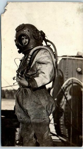 Vintage 1910s Rppc Real Photo Postcard Man In Diving Suit Corner Damage