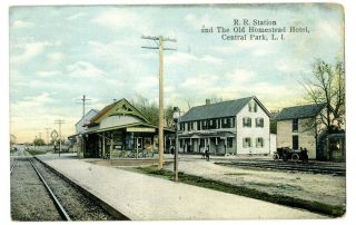 Central Park Li Ny - Railroad Station & Old Homestead Hotel - Postcard Bethpage