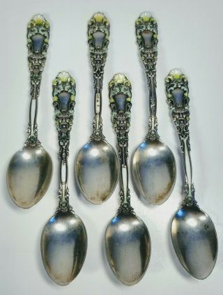 Set Of 6 Sterling Silver And Enamel Greek Mythology Aeolus Demitasse Spoons