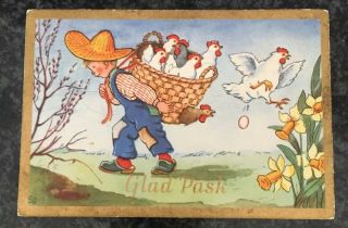 Vintage Swedish Mini Easter Postcard Chickens Eggs Basket Daffodil Boy