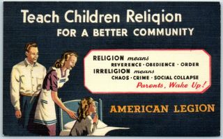 1950s American Legion Postcard " Teach Children Religion For A Better Community "