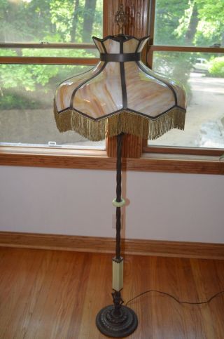 Antique Art Deco Jadeite Glass Cast Iron Bronze Art Floor Lamp 11