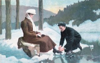 1908 Ice Skating Coupleterrific Norwegian Impressionistic Postcard