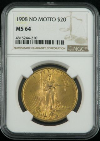 1908 Saint - Gaudens $20 Gold Double Eagle (no Motto) Coin - Ngc Ms64