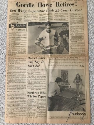 Gordie Howe Retires Detroit Press September 8,  1971 Section D