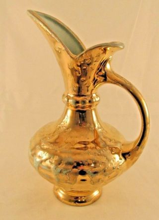 Vintage Blue With Gold Drip Pitcher Vase Ceramic Long Spout