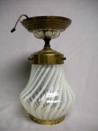 Antique White Opalescent Swirl Glass Ceiling Hanging Lamp Light Brass Deco Work