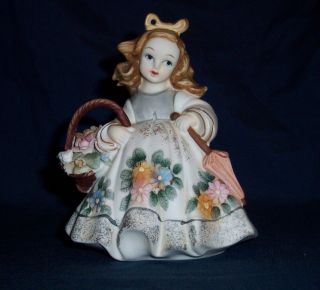 Vintage Lefton Hand Painted Girl With Umbrella And Flower Basket Kw125b Japan