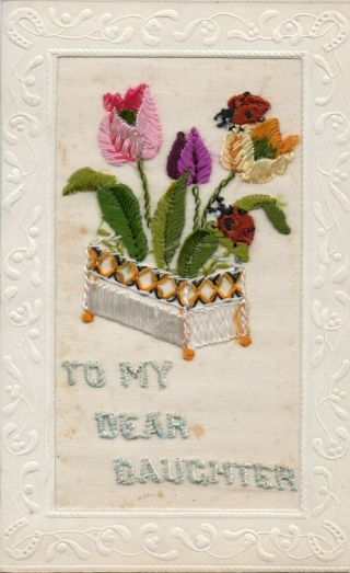 Tulips With Ladybirds: To My Dear Daughter: Ww1 Embroidered Silk Postcard