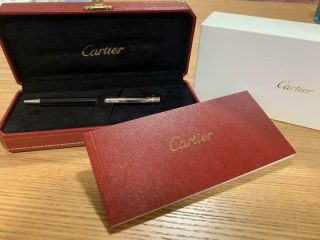 Cartier Ballpoint Pen Santos De Cartier Authentic Black Silver Unisex