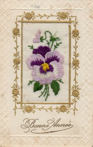 Unusual Design: Pretty Pansy: Bonne Annee: Embroidered Silk Postcard