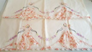 Vintage Southern Belle Set Of 2 Pillow Cases Hand Crocheted And Embroidered