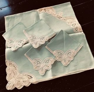 Vintage Celadon Linen Tablecloth & 4 Napkins Tea Cloth W/ Brussels Lace Nwot