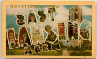 Vintage East Lansing Mich.  Large Letter Postcard Michigan State Univ Linen 1940s