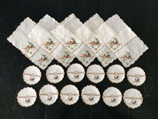 22 VINTAGE MADEIRA LINEN COCKTAIL NAPKINS & SLIPPER COASTERS w/ BANTY ROOSTERS 2