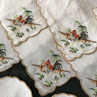 22 VINTAGE MADEIRA LINEN COCKTAIL NAPKINS & SLIPPER COASTERS w/ BANTY ROOSTERS 5