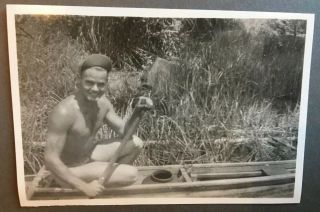 Vintage Sm Photo Nude Ww2 Soldier Naked Man Canoe Paddle Snapshot