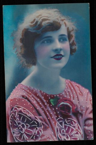 Deco Photo Postcard 1920s Lady Flapper Flower Dress Shirt Red Lips