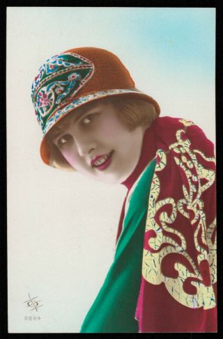 Deco Photo Postcard 1920s Lady Girl Hat Pink Lips Beauty Flapper Love