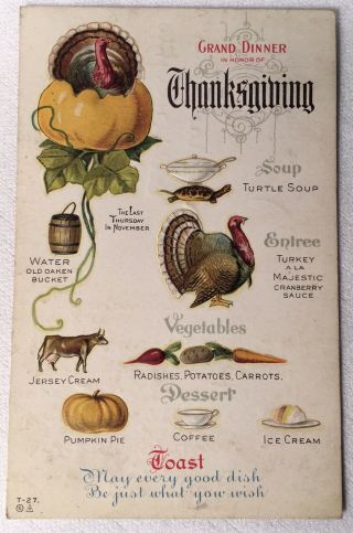 C1914 Vintage Thanksgiving Menu Food Grand Dinner Turkey Pumpkin Postcard