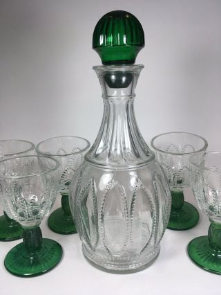 Vintage Avon Emerald Accent Decanter Set 5 Cordial Glasses Stopper Beaded Glass