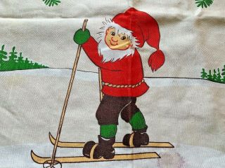 Vintage Christmas Swedish Tablecloth Linens Stildukar Elves Santa Skiing Swiss