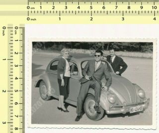 Vw Volkswagen Beetle Car Guys & Woman Portrait Vintage Old Photo