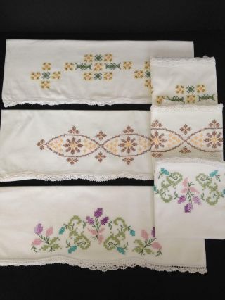 Vintage Set Of 3 Pair Hand Embroidered Pillowcases Crochet Edge