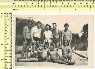 Group On Beach,  Shirtless Handsome Beefcake Men Guys & Woman Old Photo