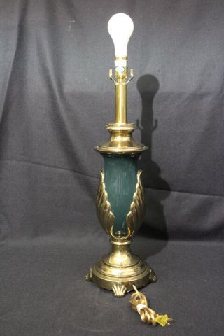 Vintage Hunter Green And Brass Rembrandt 3 - Way Table Lamp With Shell Motif 30 "