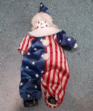 Clown Doll Usa Flag Outfit Ceramic Head Feet & Hands Red White & Blue Vintage