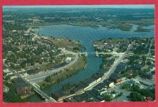 Manistee Michigan Aerial View Postcard (c) 1961 Downtown River Bridges Mi Mich