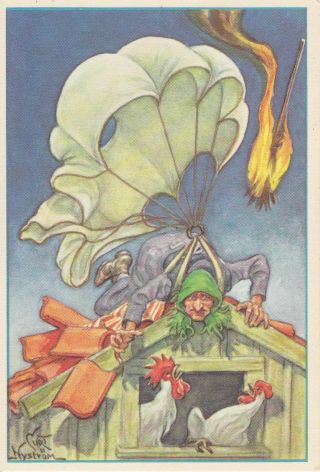 Old Postcard Easter Witch Flaming Broom Parachute Crash From Sweden Small Card