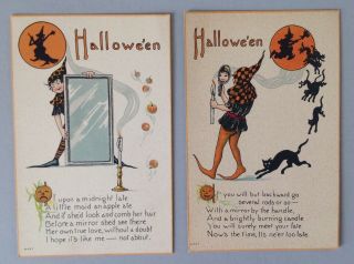 Vintage Nash Halloween Postcards (2) Series H - 427 Pixies,  Witches In The Moon