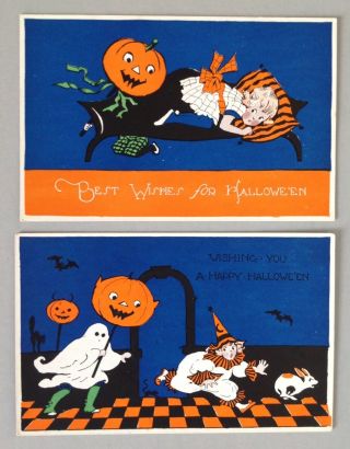 Vintage Gibson Halloween Postcards (2) Bright Blue Backgrounds,  Jols,  Ghost,  Clown