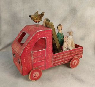 Julie Arkell Folk Art Hand Made 16 " Paper Mache Truck W/ Doll Sculpture 1999 Nm