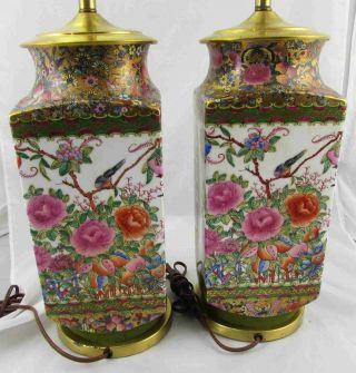 Large Antique Chinese Famille Rose Porcelain Vase Lamps Floral Scenes