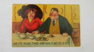 Early Donald Mcgill? Unsigned Vintage Comic Postcard Fat Lady Hat Cafe Tea Rooms