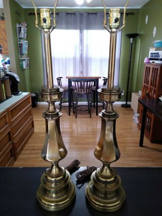 Vintage Stiffel Brass Trophy Urn Table Lamps Hollywood Regency Mid Century 3 - Way